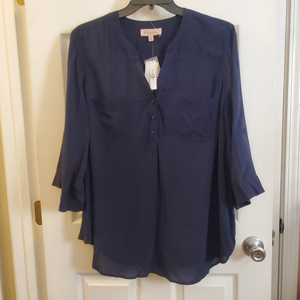 Philosophy Woman sz 2X navy blue rayon basic top 3/4 slv casual career everyday